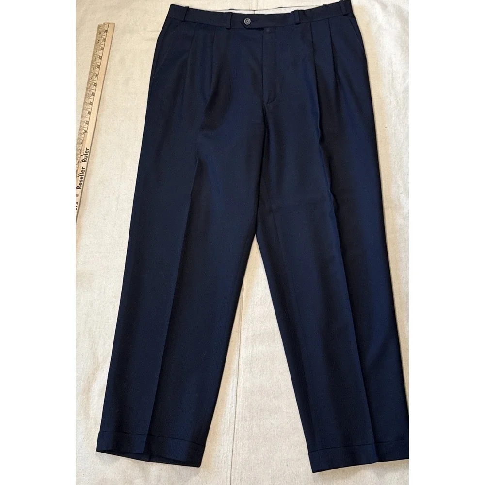 vtg 90s Ralph Lauren Chaps 44R 34x39 Navy 2pc Pant Suit Wool Cuffed Pleated